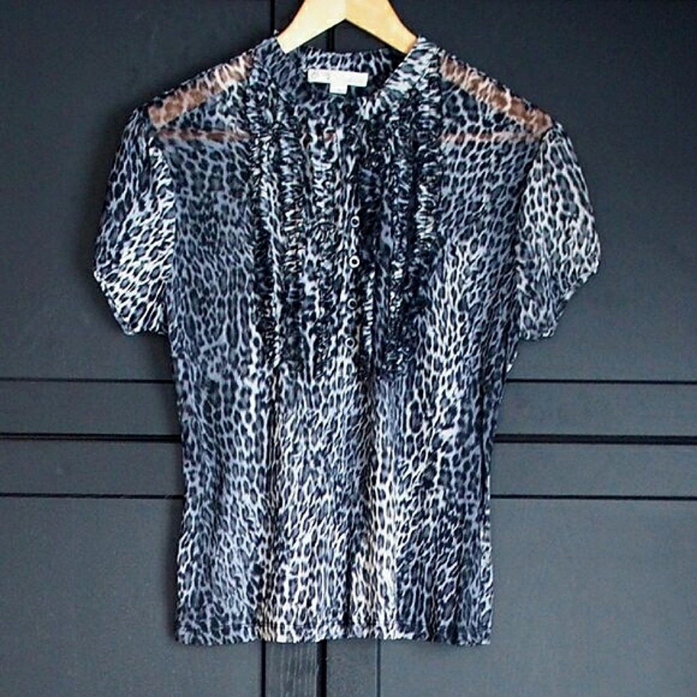 Cleo Petites | Ruffle Front Animal Print Shirt